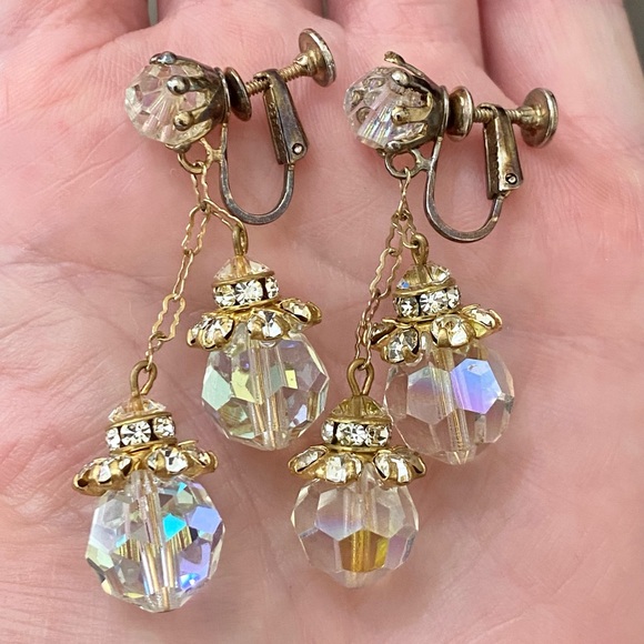 Vintage Aurora Borealis Crystal Drop Clip-on Earrings - Picture 2 of 12